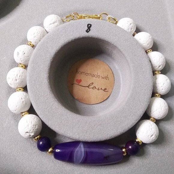 Purple Banded Agate + White Lava Rock - Chunky Bracelet for Larger Wrists 8" - Picture 8 of 9